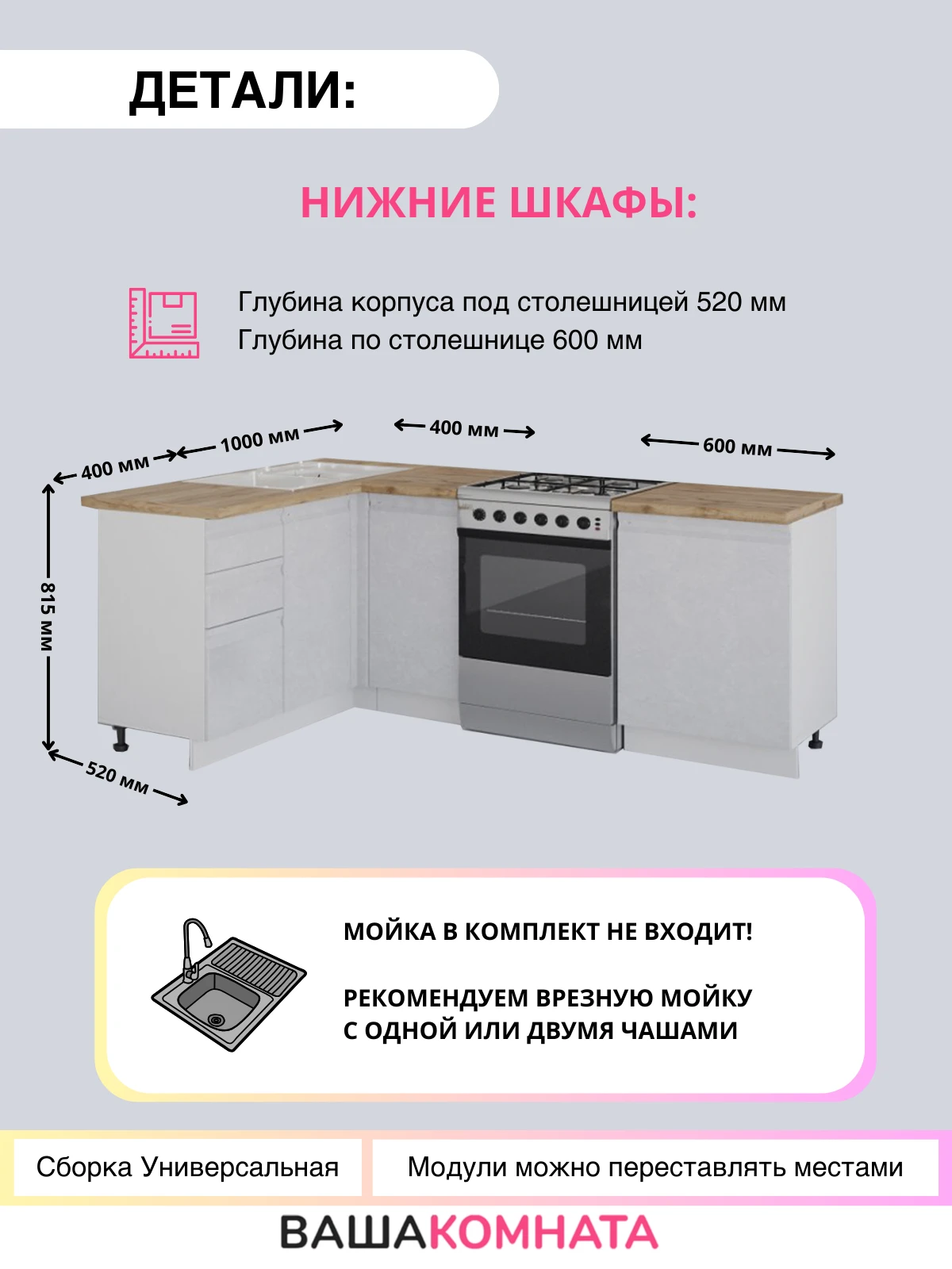 Модульная угловая кухня "Бруклин" 1,4*1,6 м - бетон белый